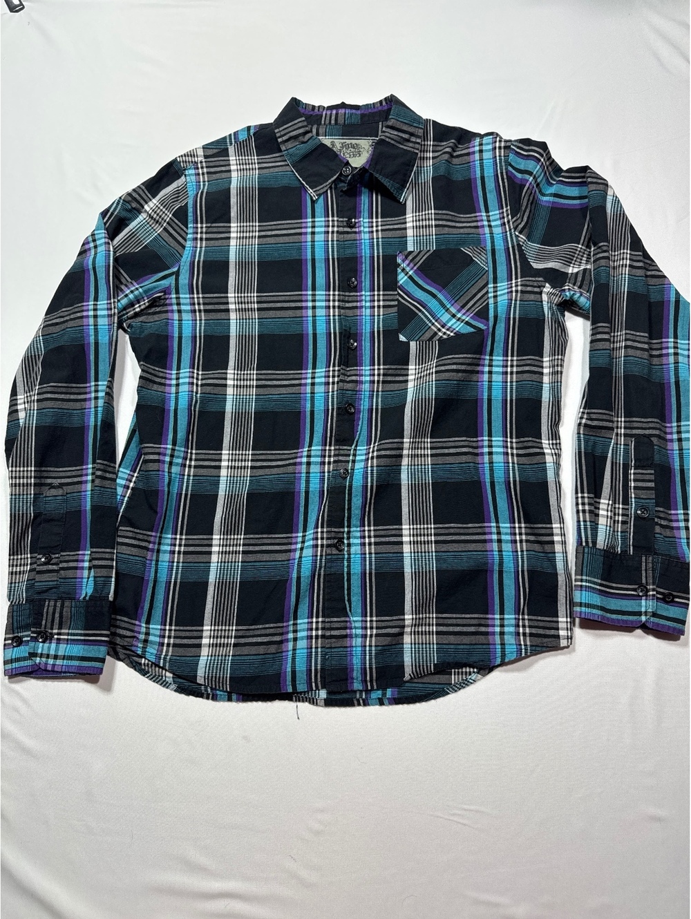 Rogue Denim Men's Large Black & Blue Plaid 100% Cotton Shirt